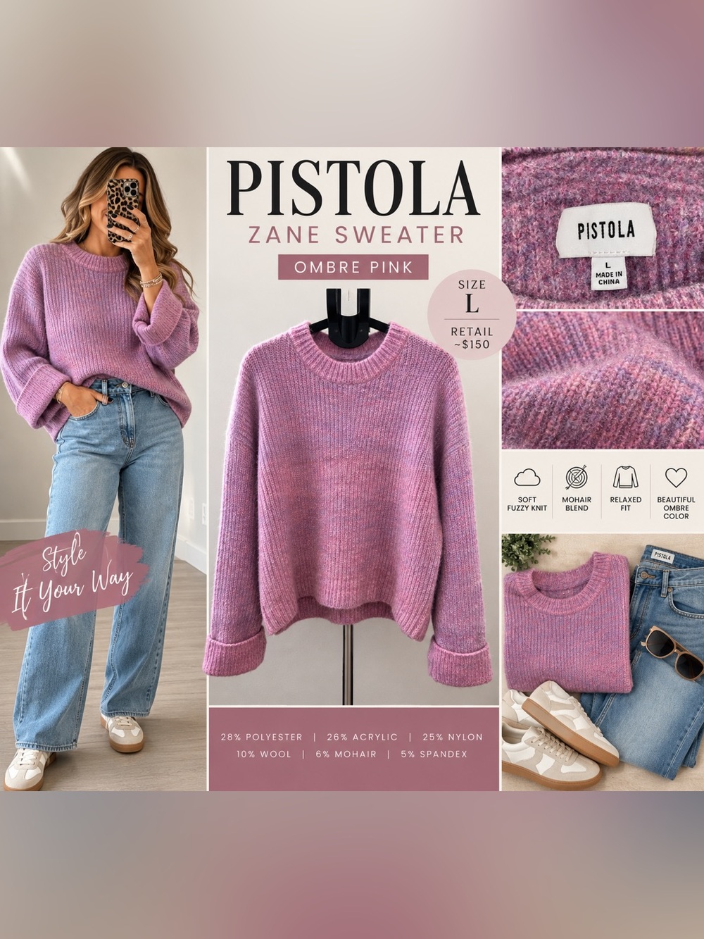 Pistola Zane Ombre Pink Mohair Wool Blend Sweater Large 💜